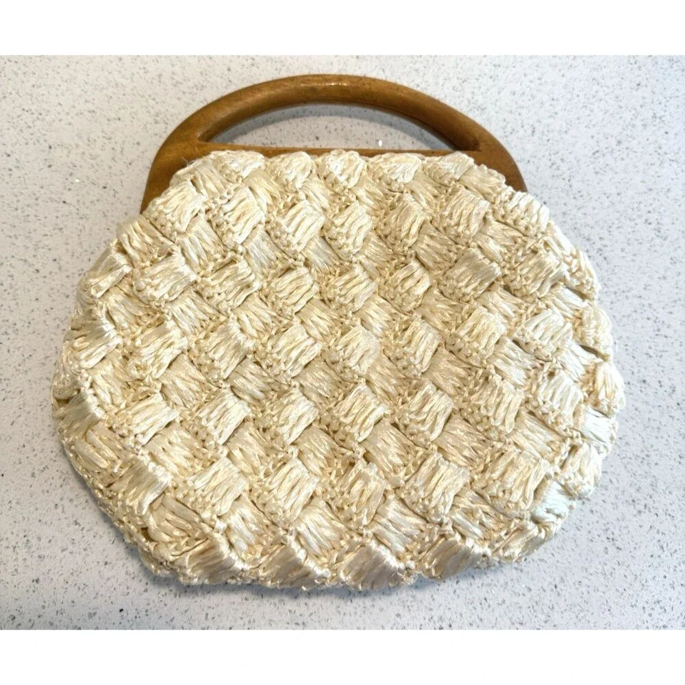 Vintage Purse Woven Straw Raffia Handbag Floral Wooden Handle Cream 1960's - Picture 2 of 13